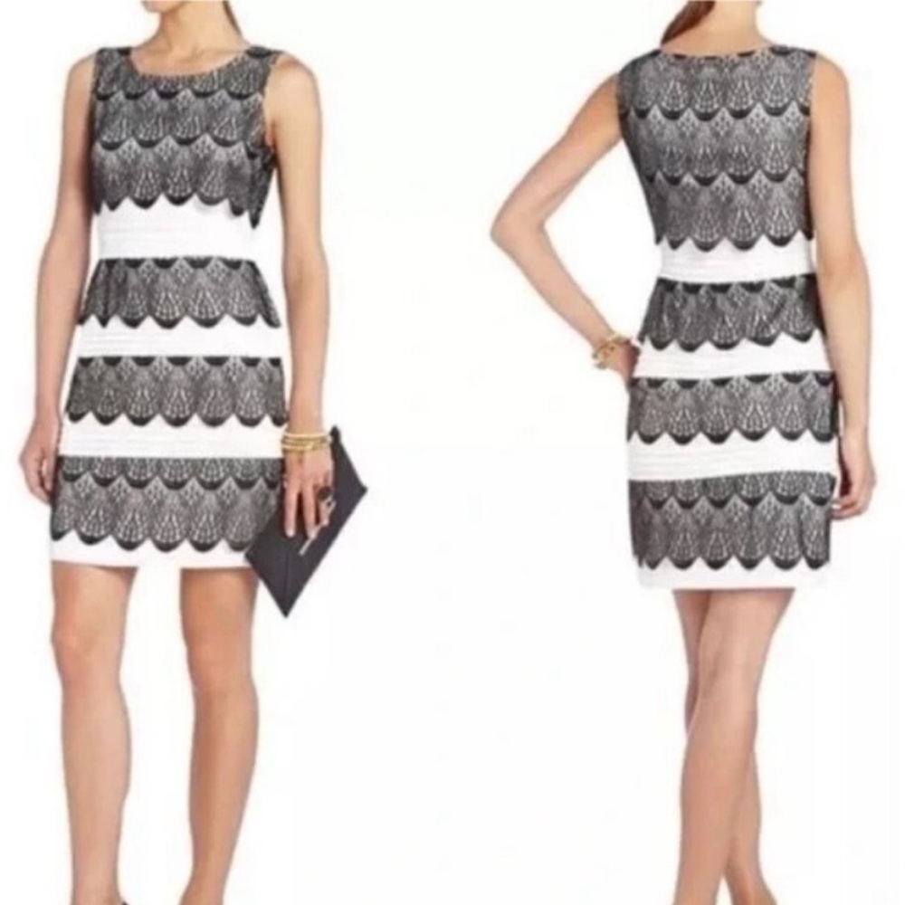 BCBG Y2K Dress Sleeveless White With Black Lace Overlay Size 4 Classic Elegant